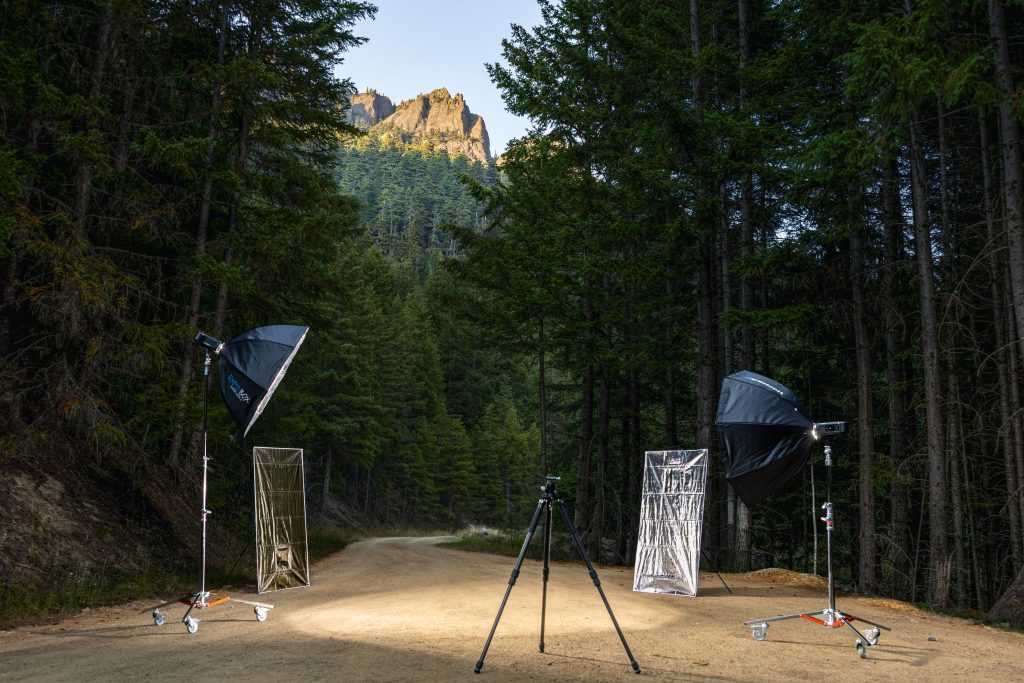 Sequim Photographer portrait lighting setup using natural light with reflector and diffuser